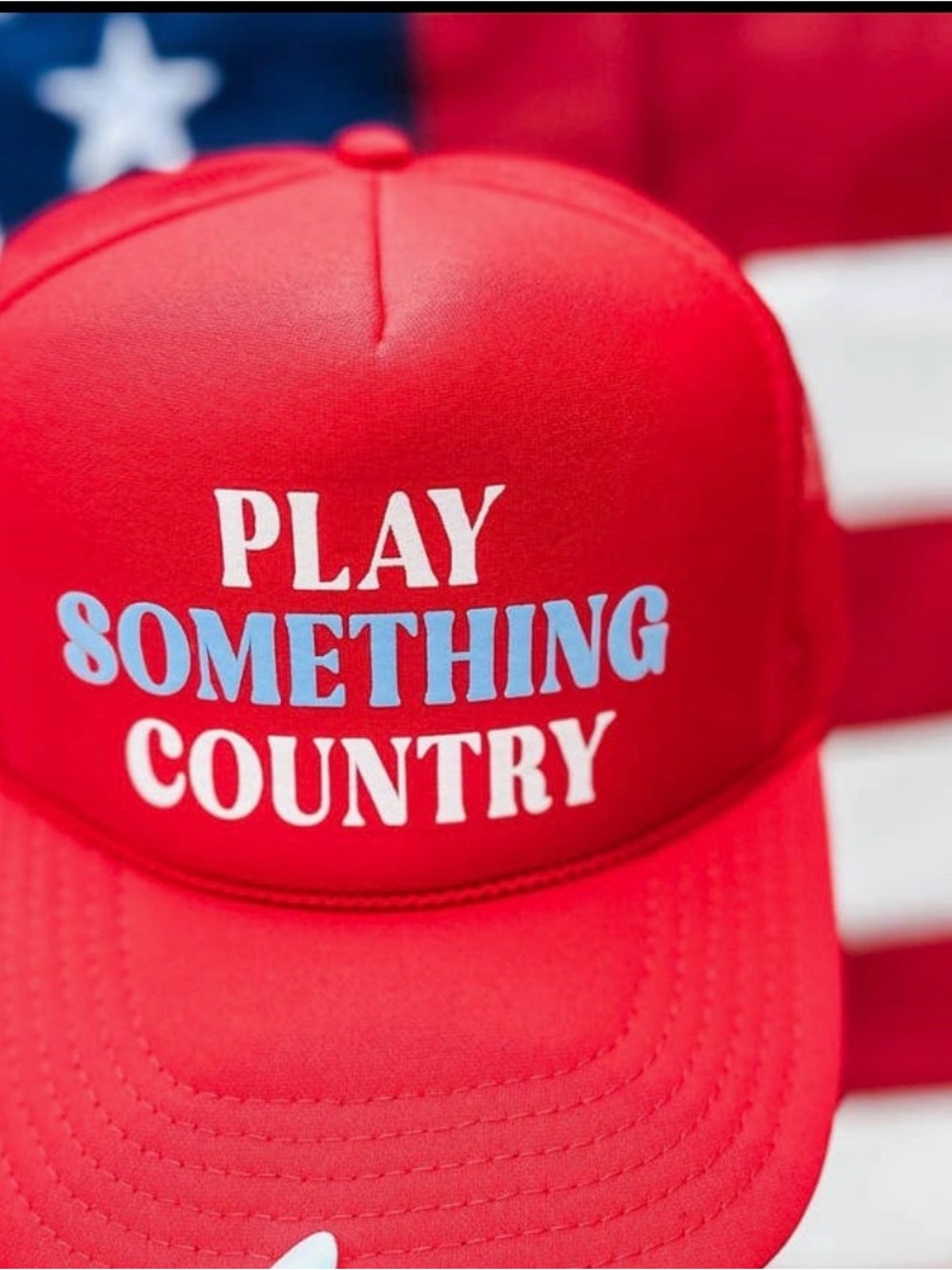 Red Trucker Hat with White and Light Blue Text - "Play Something Country"